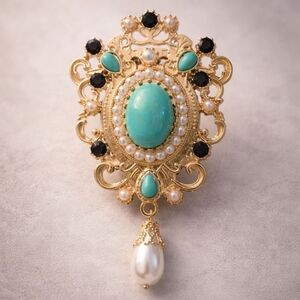 Vintage Style Turquoise Look Pearl Brooch Gold Tone